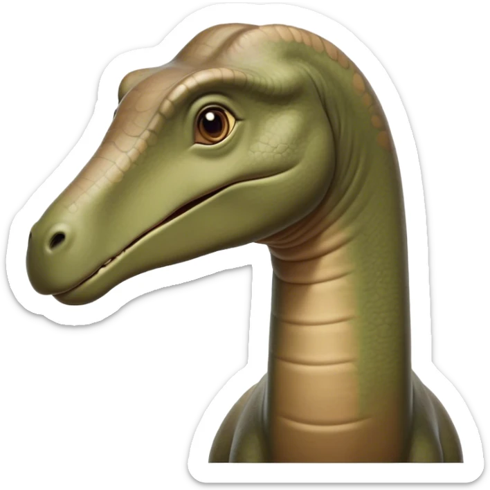Cinematic Noble Brontosaurus Portrait Emoji, Poised and majestic, with a colossal, elongated neck stretching gracefully from a massive, sturdy body draped in warm, earthy tones, a gentle, wise face with soft, observant eyes, and a long, elegant tail, Simplified yet grandly defined features, highly detailed, glowing with a soft, ancient luminescence, high shine, intelligent and serene, stylized with an air of prehistoric grandeur, focused and calm, soft glowing outline, capturing the essence of a watchful and confident Brontosaurus that appears ready to loom out of the screen with effortless majesty! sticker
