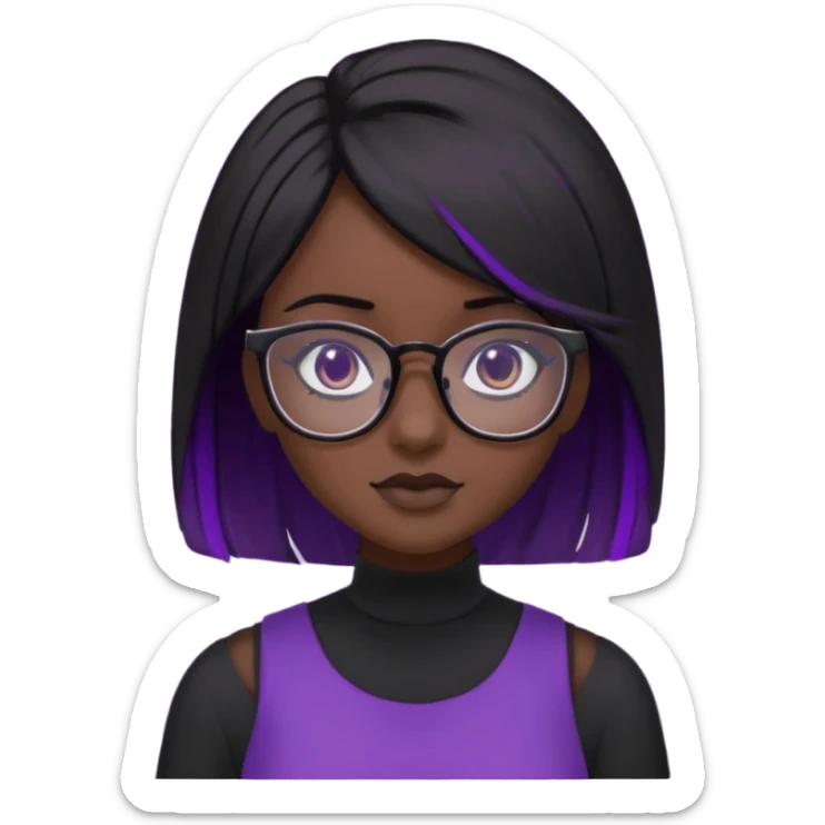 chica bonita con ligero cabello negro con rayas moradas que llega hasta los hombros con lentes cuadrados de estatura pequeña con ropa negra con otro estilo de cabello sticker