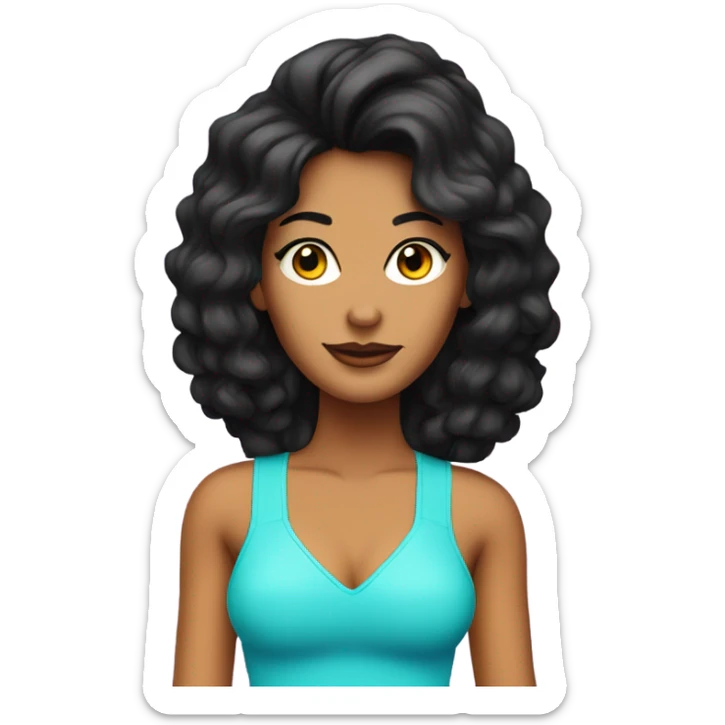 Tanned woman with black hair wearing 1980s style neon outfit and hair sticker