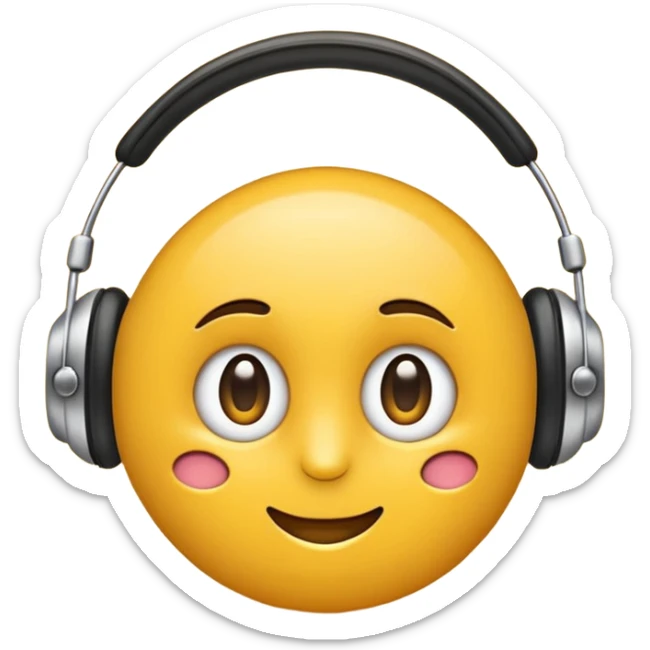 Ein gelber runder Emoji der die Augen geschlossen hat. Total im moment. Glücklich, leichtes lächeln. Verträumt. Leichtigkeit. Freiheit. Overearkopfkörer auf und im hintergrund kleine musiknoten sticker
