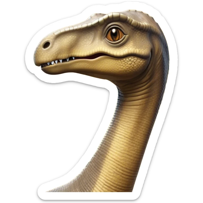 Cinematic Noble Brachiosaurus Portrait Emoji, Poised and majestic, with a towering, elongated neck stretching gracefully from a robust, column-like body, a small, gentle head with curious eyes, and subtle, textured skin in earthy tones, Simplified yet sharply defined features, highly detailed, glowing with a soft, golden radiance, high shine, intelligent and serene, stylized with an air of prehistoric grandeur, focused and calm, soft glowing outline, capturing the essence of a watchful and confident Brachiosaurus that appears ready to gracefully emerge from the screen with effortless power! sticker