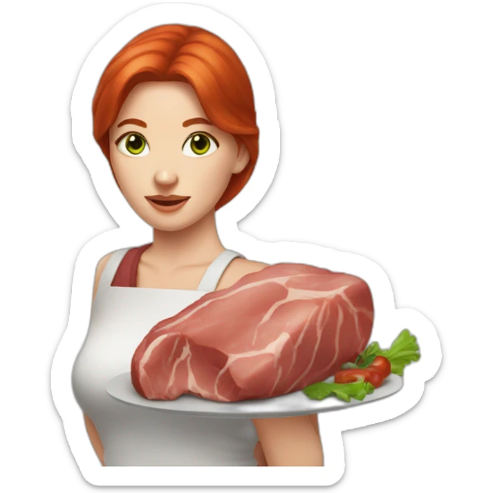 white skin red hair green eyes woman holding meat sticker