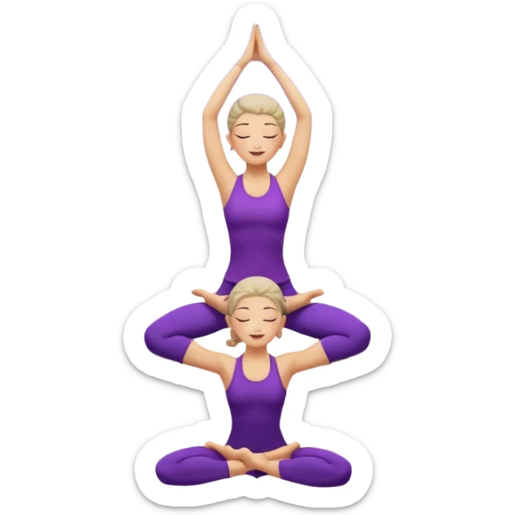 A serene woman wearing purple yoga clothes balancing in tree pose, stars around her, meditative aura. sticker