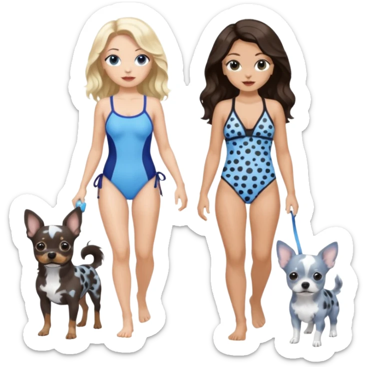 2 pretty women in bathing suits, hazel eyed light skin with dark brown wavy long hair, walking a blue and gray spotted Merle Frenchie the other blue eyed light skin long blonde hair walking a black chihuahua  sticker