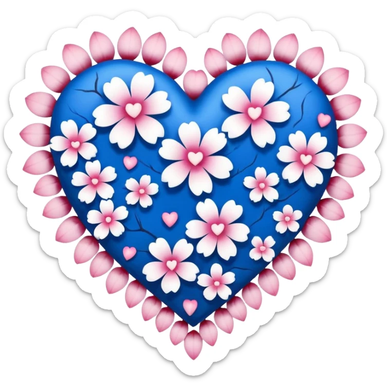 goth  blue sakura heart, heart made of white sakura petals with pink accents, remove background sticker