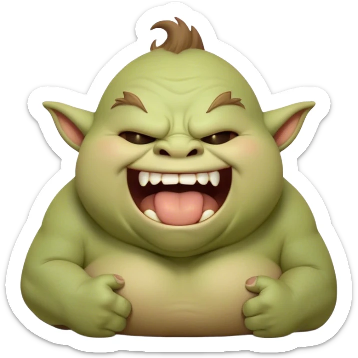 Cinematic Cute Yawning Ogre Portrait Emoji, with a surprisingly cuddly, rotund figure in soft earthy greens and browns, head tilted back in a big, gentle yawn exposing a set of comically oversized teeth, simplified yet irresistibly adorable, highly detailed with a soft glowing outline that captures the sleepy charm of a friendly ogre after a long day of gentle mischief! sticker