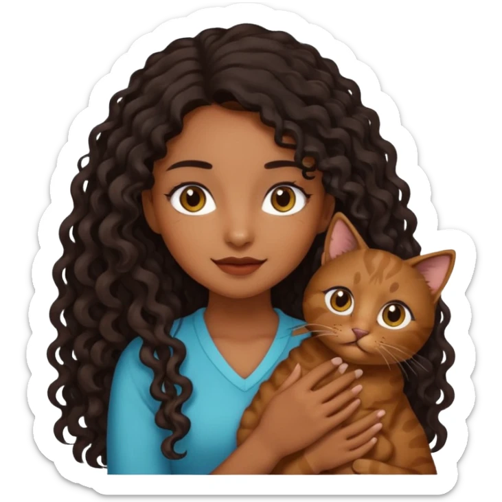Brown skinned girl with long curly black hair holding brown cat  sticker