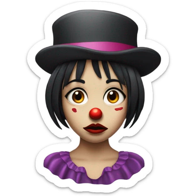 Sad clown girl wearing jesters hat with short chin length straight black hair exaggerated expression of sadness on her face  sticker
