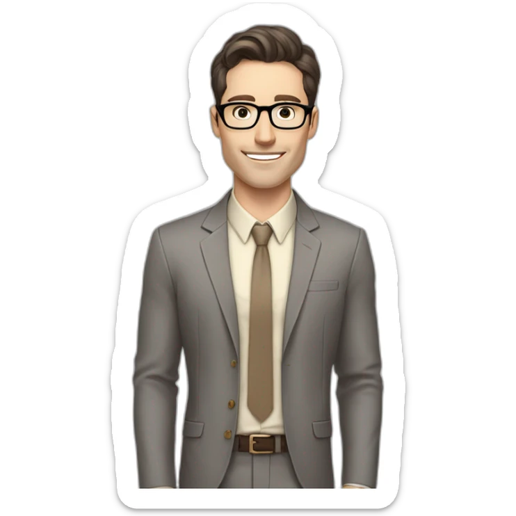 Pale skinned fit man with dark brown hair in gray jacket, beige office shirt, brown tie, brown pants and vintage glasses Writing text on a marker board sticker