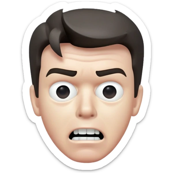 Rick Astley having a kind of worried face, but only his front teeth sticking out, his eyes are blurred out, the background is pitch black, Rick Astley is a grayish-white color, and the entire picture, including Rick Astley, is a staticky, glitchy, horror, analog horror type sticker