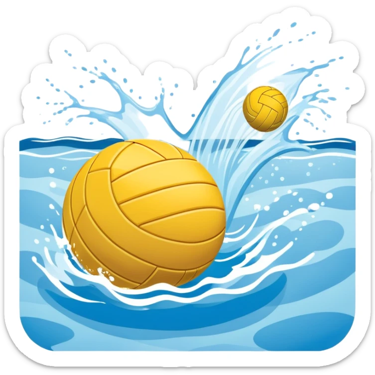 An icon featuring a yellow water polo ball floating on the water with goals in the background, inside a swimming pool. The design includes splashes and ripples, symbolizing the fast-paced action and strategy of water polo. Transparent background highlights. sticker