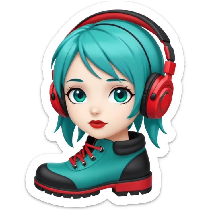 
A girl with teal hair with red and black head phones teal eyes black and teal long boots sticker