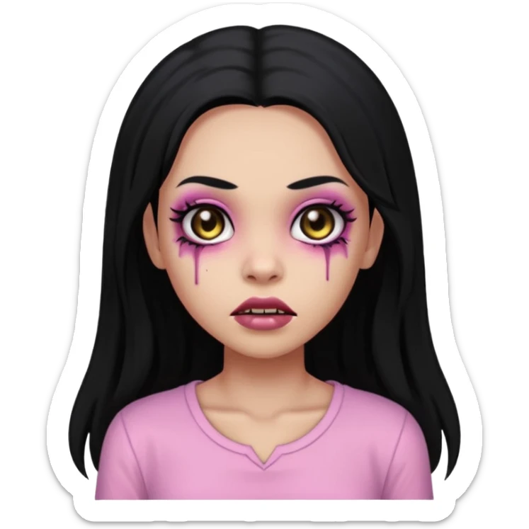 light-skinned Black zombie girl with black eyes, long black hair, no bangs, wearing a light pink blouse sticker