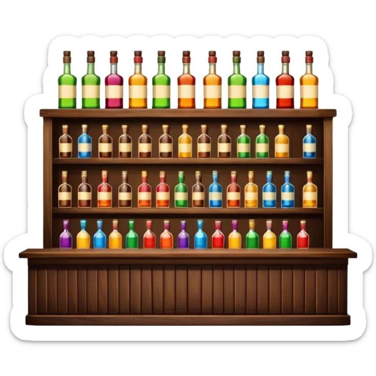 A wooden bar counter with rows of colorful liquor bottles lined up behind.
 sticker