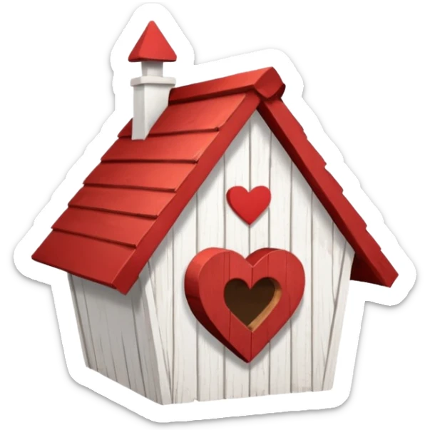 a birdhouse with a normal circular hole and a red roof with the rest white and a heart at the top but below the roof sticker