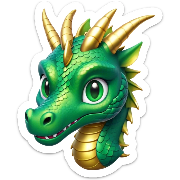 Cinematic Cute Dragon Portrait Emoji, Head tilted playfully and inquisitively, featuring a sleek, serpentine form adorned with iridescent scales that shift between emerald and gold, a delicate set of subtle horns, and round, sparkling eyes full of curious magic; rendered with realistic detail and warm natural light, high shine, affectionate and enchanting, styled with a touch of whimsical fantasy, soft glowing outline, capturing the essence of a mischievous yet lovable dragon that seems poised to slither playfully into your arms! sticker