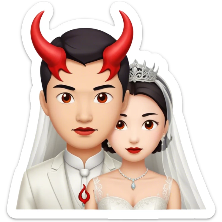 an asian male bride with the face of devil in wedding dress sticker