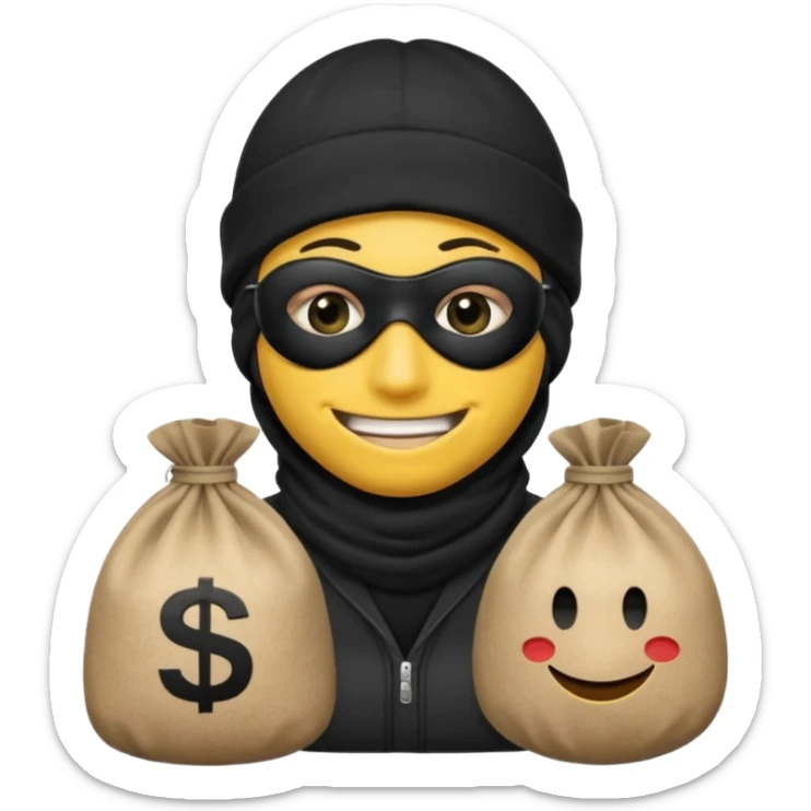 smiley robber wears black eye mask and black beanies with one money bag beside him sticker