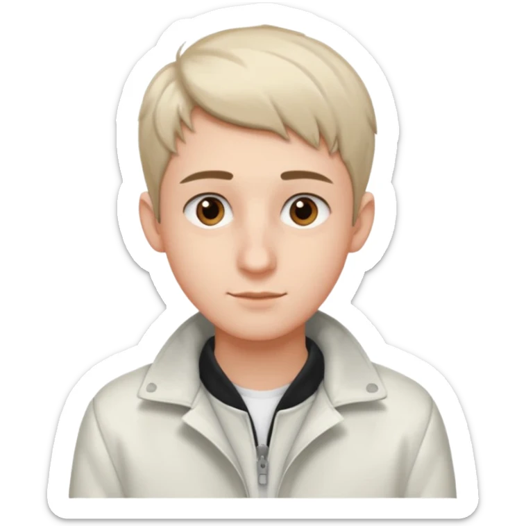 teenage man with very short gradient hair, brown eyes and long lashes, big nose and he is wear a white jacket sticker