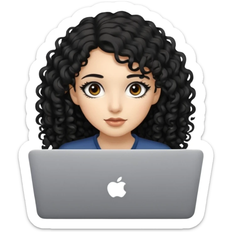 a girl typing mac book air with long black curly hair and brown eyes with winged black eyeliner sticker