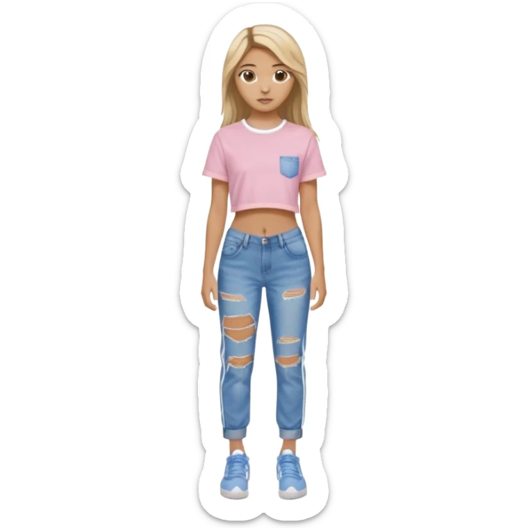 preppy teenage girl, tan, blonde highlights, brown long hair, long eyelashes, beach aesthetic, wearing cute clothes, sexy, wearing ripped blue long baggy jeans with a light pink revealing crop top, wearing Somba Adidas sticker