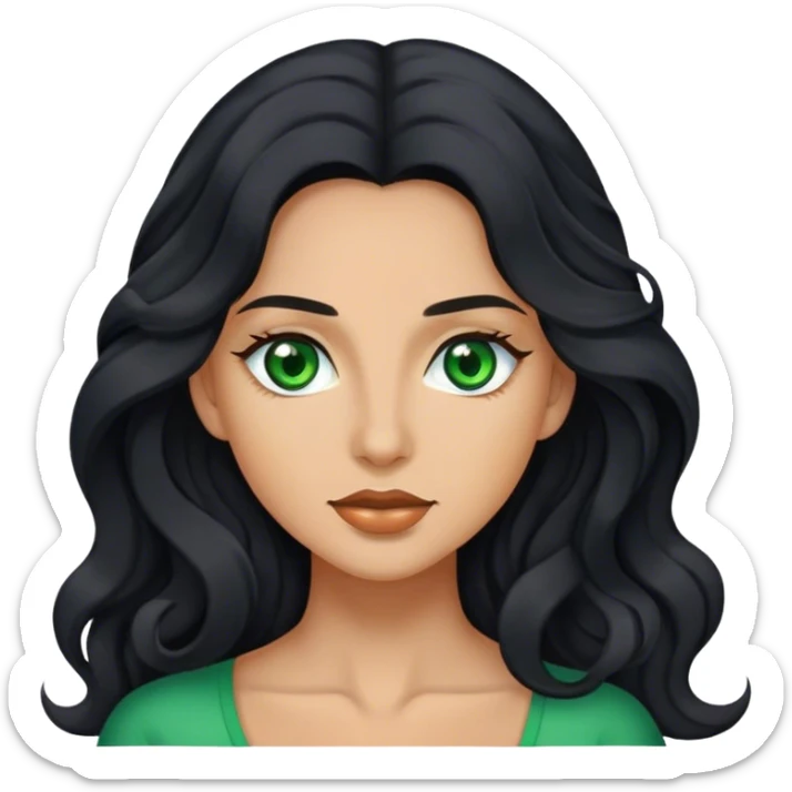 Woman with long wavy black hair and green eyes and tan sticker