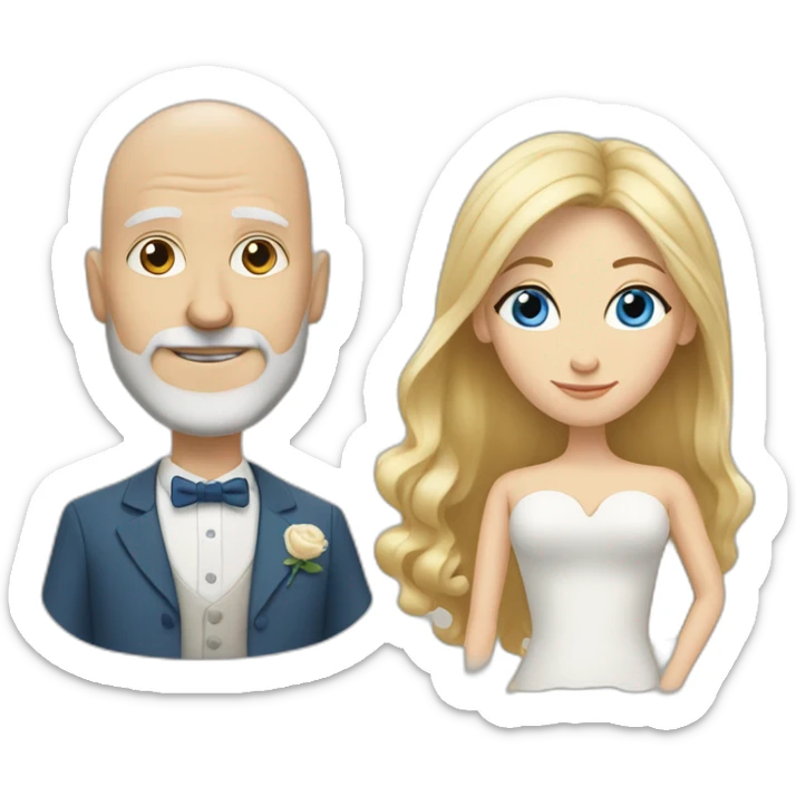 Blonde woman with blue eyes marries an older man with no hair and a gray beard sticker