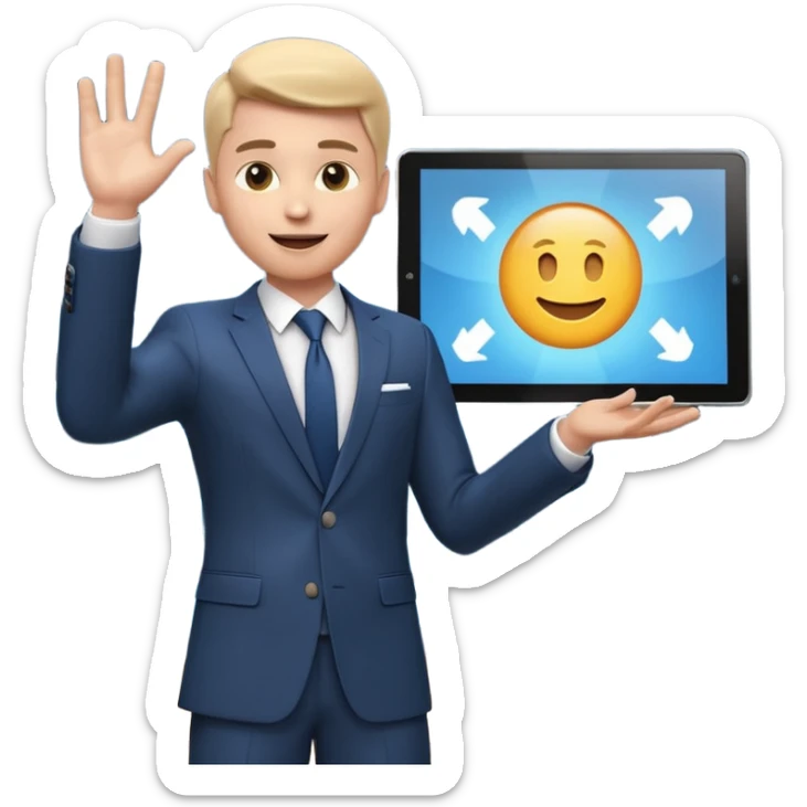 A stylized 3D emoji icon of a charismatic young male presenter on a stage, holding a tablet and gesturing enthusiastically towards a large screen behind him. The screen displays a glowing, futuristic Microsoft logo (the four squares) sticker