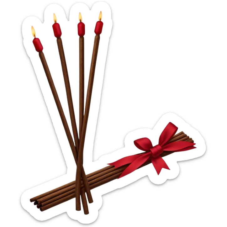 A bundle of incense sticks wrapped with a Persian red ribbon, exuding a vintage glamour aesthetic. The rich, deep red hue contrasts elegantly with the natural texture of the incense. Soft lighting enhances the luxurious and nostalgic feel of the composition. sticker