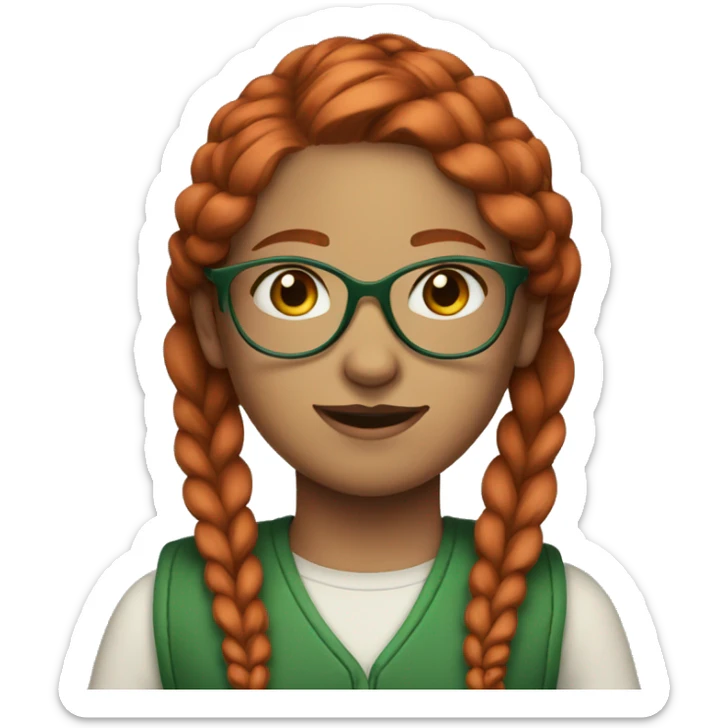 Girl with red hair in two braids. Blue eyes. Glasses and wearing a green vest  sticker