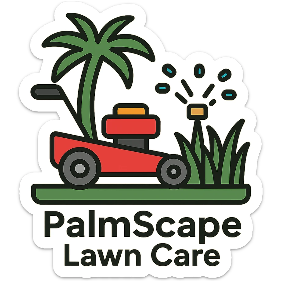 Add the company name text 'PalmScape Lawn Care' in a modern, simple font below the logo. sticker