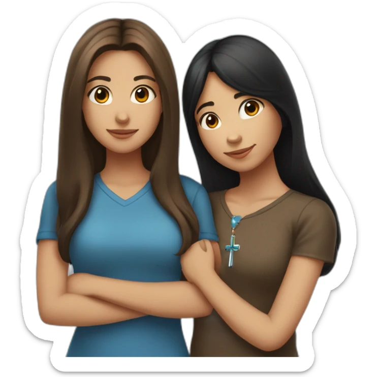 one girl with long brown hair wearing a cross necklace and one girl with medium black hair wearing a blue shirt hugging sticker
