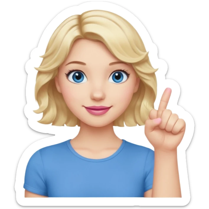 Girl Blonde short wavy hair,  blue eyes, cute blue top, long lashes, pink lips, smiling, fist bump sticker