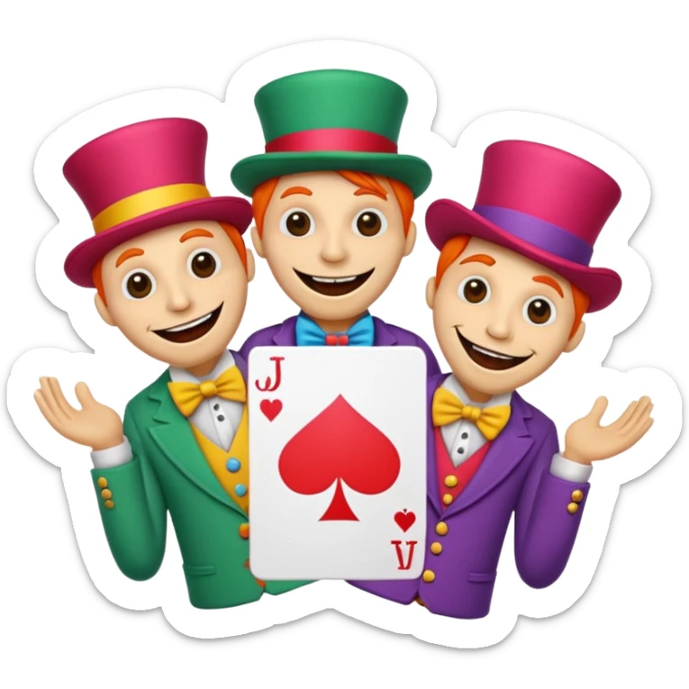 3 poker cards, with crazy colorful human jolly jokers inside, puppets in the hand sticker