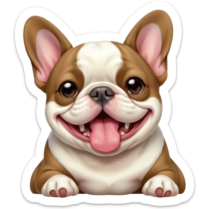 Cinematic Cute Yawning Pied French Bulldog Portrait Emoji, Head tilted with an exaggerated, endearing yawn and sleepy, squinty eyes, showcasing a unique pied fur of contrasting colors with a playful expression, simplified yet irresistibly adorable, highly detailed, glowing with a soft, cozy radiance, high shine, exuding a relaxed, humorous charm, styled with a gentle, soft glowing outline, capturing the essence of a Pied French Bulldog in a blissfully cute yawn that warms the heart! sticker