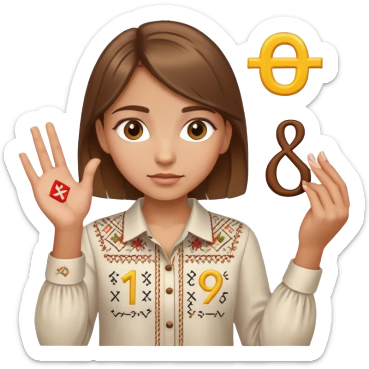 A Ukrainian girl with brown hair wearing an embroidered shirt holds mathematical symbols in her hand sticker
