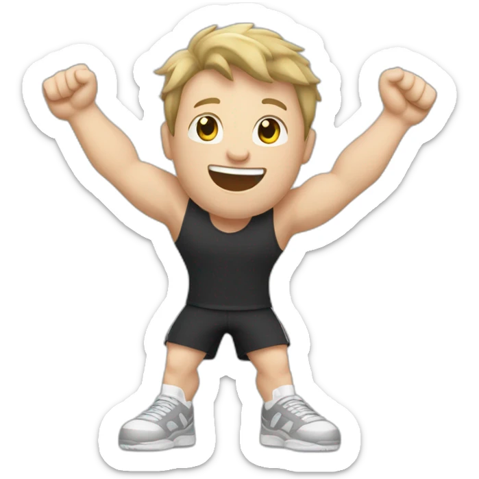 Joyful Celebrating victory Pale skinned Fit Man With the biceps and dark brown hair in black shirt, gray sports shorts and white Sneakers sticker