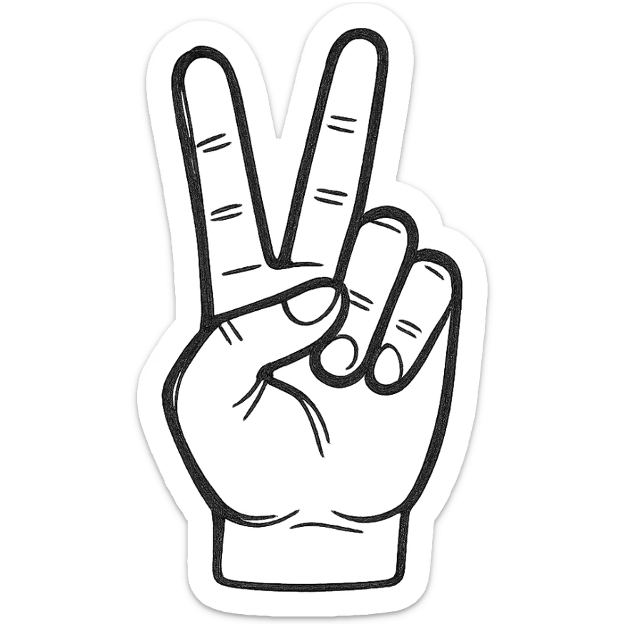 mano haciendo el signo de la paz con la palma hacia adentro al revés, dibujo a mano sticker