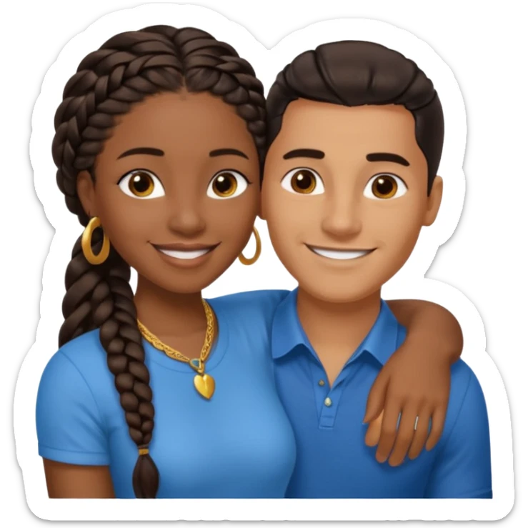 smiling embracing interracial couple. dark ebony woman with long braided hair and jewelry. brazillian man short hair wearing blue. sticker
