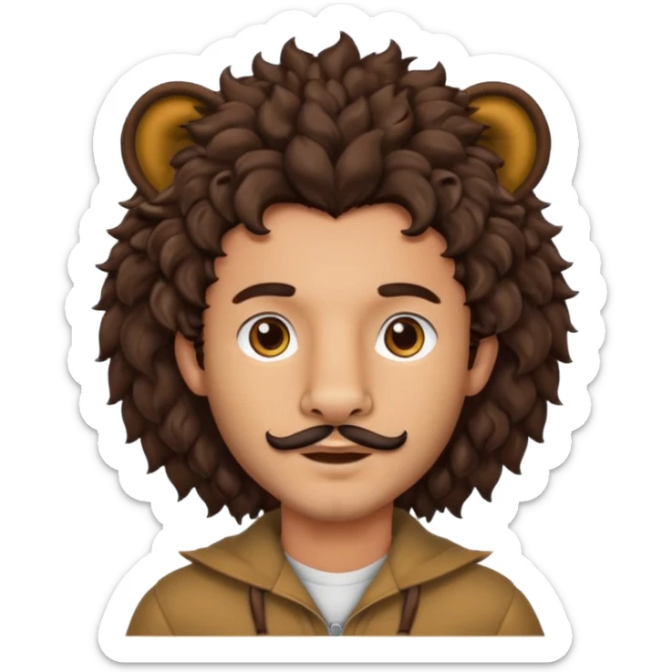 Make a guy with curly big dark browns hair and medium skin then give him lion ears and a little facial hair sticker