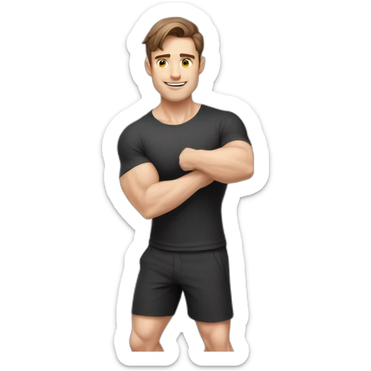 Pale skinned Fit Man With the biceps and brown hair in black shirt, gray sports shorts and white Sneakers Writing text on the flipchart sticker