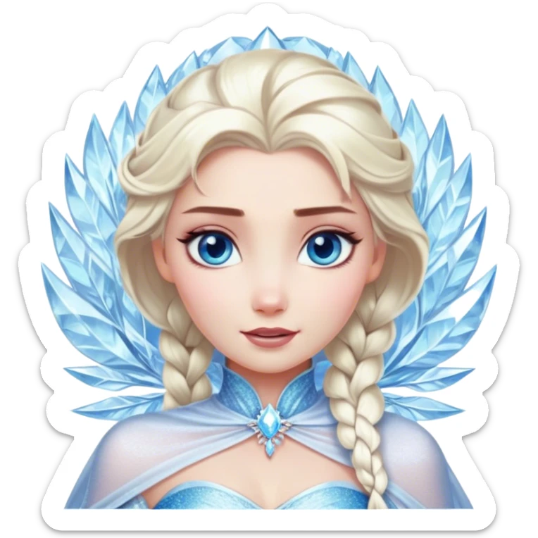 Cinematic Realistic Elsa Portrait, depicted with lifelike skin texture, soft natural lighting, and intricately detailed platinum blonde hair styled elegantly. Her striking, expressive blue eyes exude confidence and grace, complemented by a serene and regal expression. She is dressed in her signature icy attire, with shimmering fabric textures and delicate folds that catch the light beautifully. The portrait features a soft, enchanting glow with a cool, radiant finish, capturing the essence of timeless elegance in a realistic and painterly style, evoking a sense of depth and authenticity. sticker