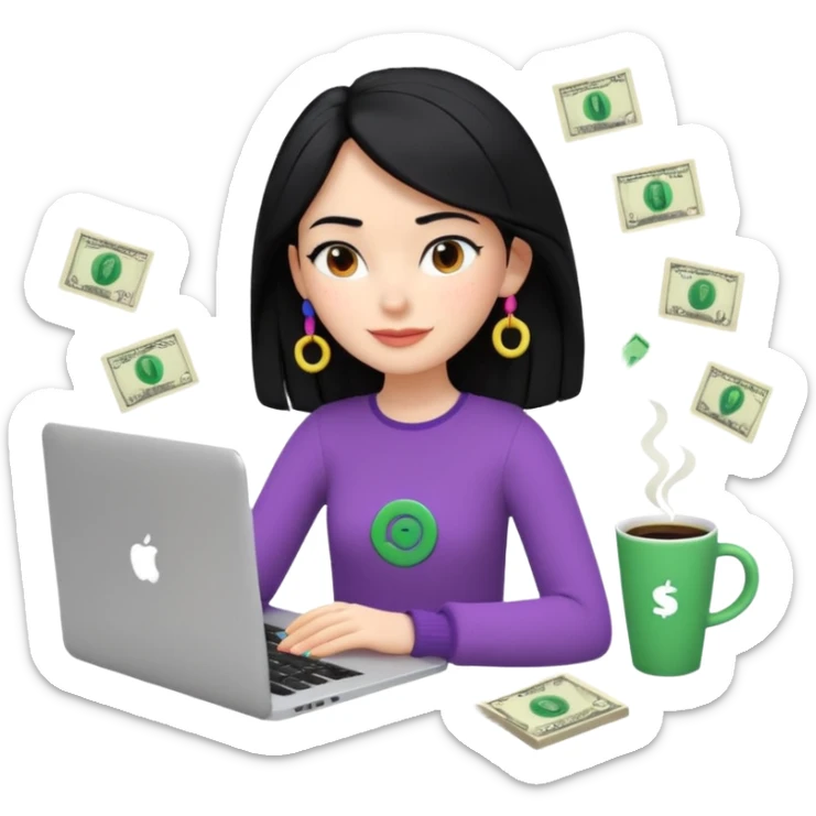 3D clay woman character relaxed with laptop and coffee in Paris, floating icons (dollars), colofrful modern outfit, white laptop, Pixar style, transparent background, black hair, fair skin,  sticker