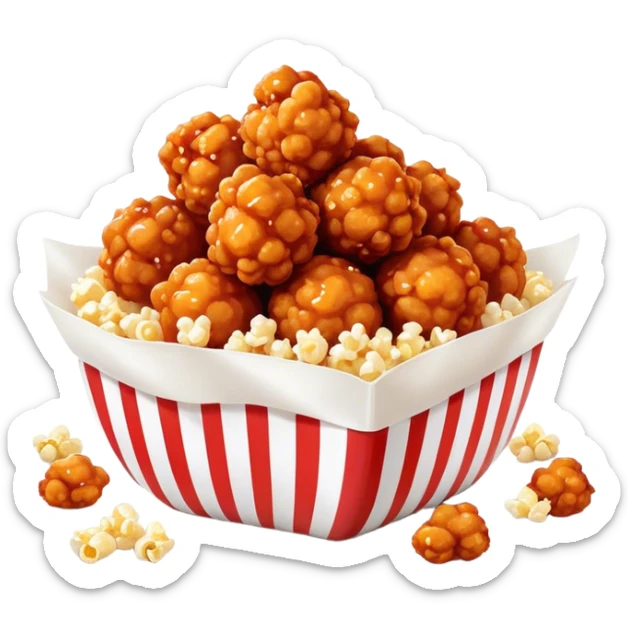 Korean Fried Chicken Cinematic Realistic Korean Fried Chicken Dish Emoji, depicted as bite-sized popcorn chicken pieces generously coated in a glossy, spicy sauce, rendered with crisp textures and dynamic, appetizing lighting. sticker