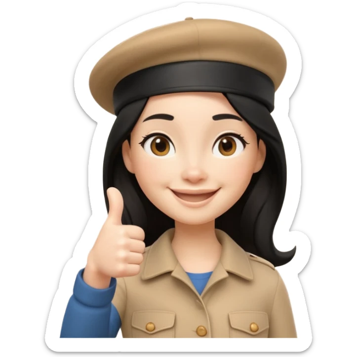 3D cartoon female character giving thumbs up, wearing beige beret, long black hair, smiling warmly with confident expression, clean white background, Pixar-style lighting, cute and friendly iPhone memoji aesthetic, high quality soft shading, centered composition sticker