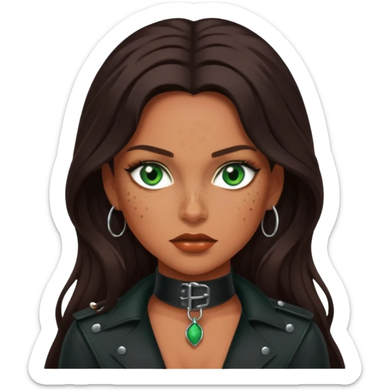 Tan skin with freckles, long dark hair, green eyes Dominatrix  sticker