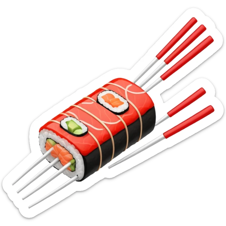 Japanese cuisine humanless avatar in minimalist emoji-style illustration. Sushi, roll and 2 chopsticks, clean lines, red white colors, flat design, calm and modern. sticker