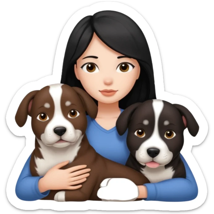 Girl with black long hair cuddels with two amstaffs black and brown sticker