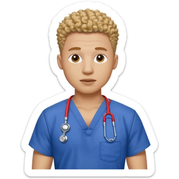 Ripped, athletic man with thick neck, high top fade with no part, curly hair only top only, no shirt and show waistline up add scrubs sticker