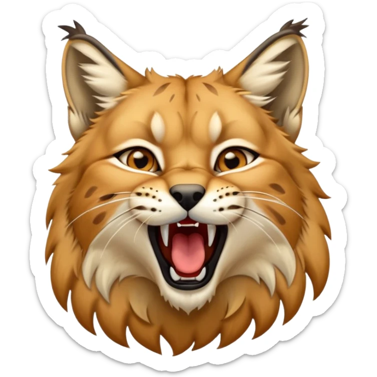 Cinematic-detailed-Yawning-Lynx-Portrait-Emoji – Head tilted slightly with a dramatic, wide-open yawn, revealing a sleek golden-brown fur coat with subtle spots, signature black ear tufts standing tall, round amber eyes barely open in drowsy contentment. sticker